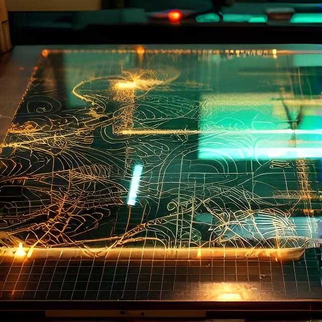 Vidrio decorativo serigrafiado con diseño personalizado iluminado sobre una mesa de corte