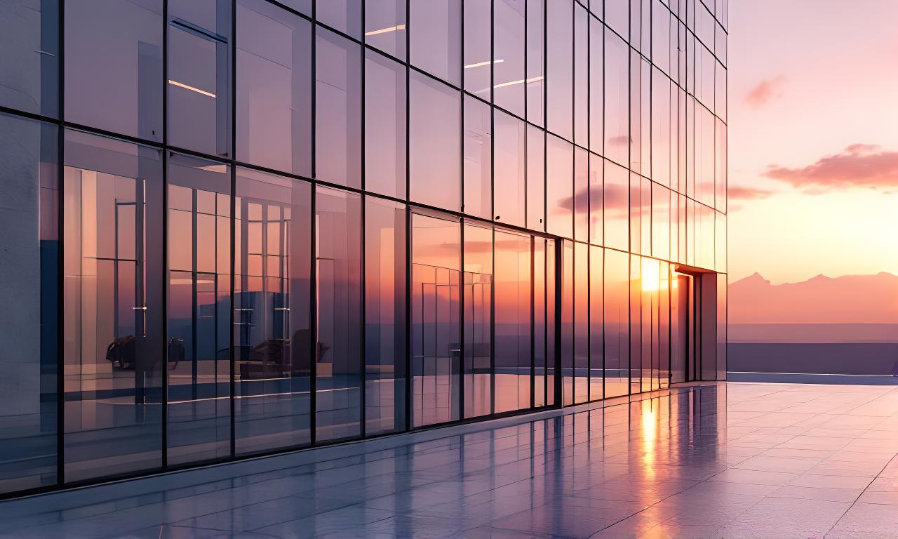 Fachada de vidrio contemporánea con reflejos suaves sobre un edificio corporativo al atardecer